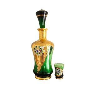 Vtg Antq Czech Handpainted Green Gold Glass Decanter Cordial Flowers‎ Gilt